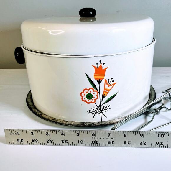 Vintage MCM Deco Floral Metal Cake Carrier - Picture 6 of 9